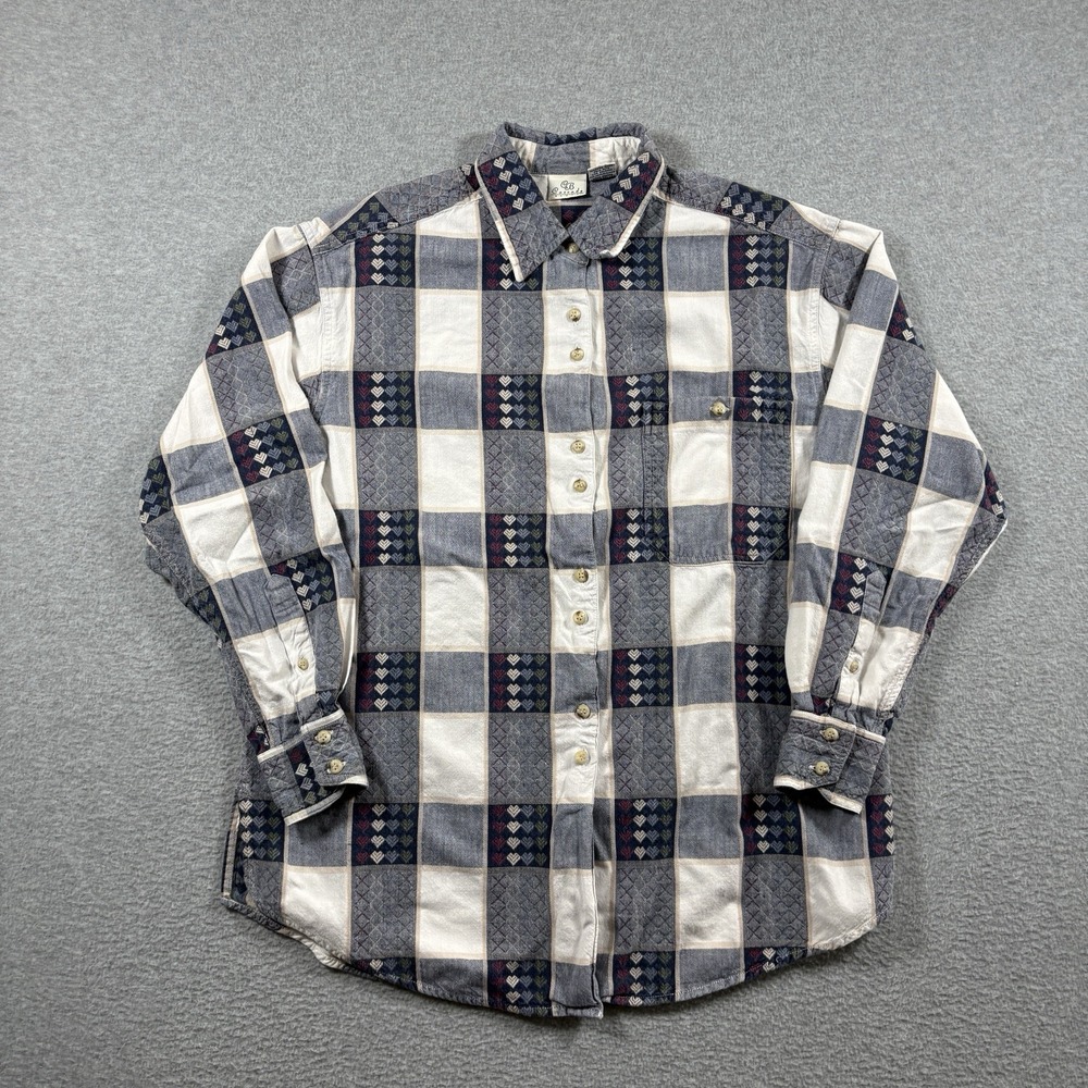 Vintage 90s Cascade Blues Patchwork Heart Quilted Shirt Women Large Cotton Plaid